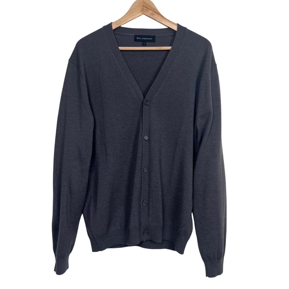 Bell & Barnett Mens Large Gray Merino Wool V‎ Neck Cardigan Elbow Patch Grandpa